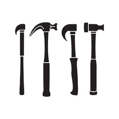 Black silhouettes, hammer collection, carpenter tools, claw hammers, framing hammers, minimalist design 