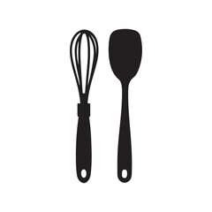 kitchen utensils, black silhouettes, minimalist design, fork, whisk, spoon, ladle, cooking tools 