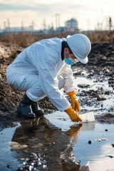 Toxicologist collecting water samples from a polluted site to analyze environmental health impacts in an industrial area