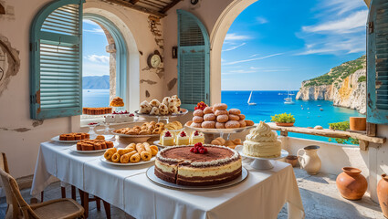 delicious desserts on a plate, on a table, outdoors in Italy, sunny summer day