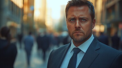 Fototapeta premium unhappy businessman wearing a formal suit standing in an urban environment looking at the camera with a sad and worried face, serious company executive or ceo portrait on a city street with a blurred