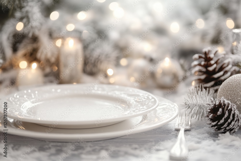 Poster elegant winter table setting with white plates and festive decorations for a cozy gathering. generat