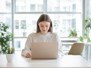 Woman working on laptop, focused and smiling gently. Light, airy office setting in background