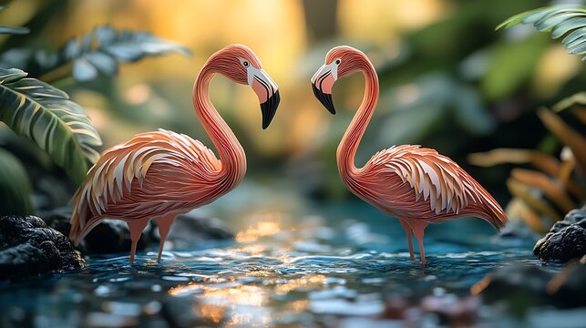 A vibrant 3D pop up book showing a lush paradise where flamingos wade through a crystal blue pond