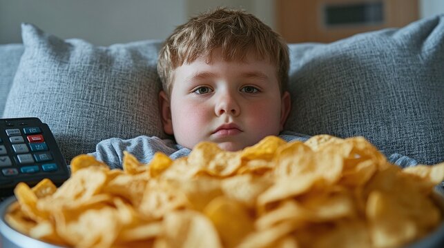 overweight child sitting on a sofa in a cozy living room, resting on a pillow with junk food and a remote control, lazy boy enjoying a relaxed moment at home with an unhealthy sedentary lifestyle