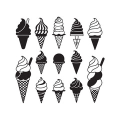 Ice cream cones, black and white illustration, monochrome dessert icons 