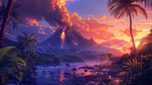 Erupting volcano at sunset, tropical beach, palm trees, dramatic sky.  A fiery spectacle of nature's power.