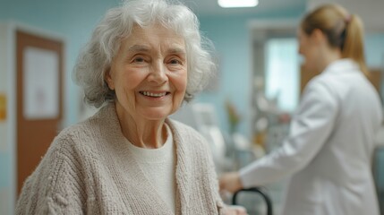 Obraz premium Doctor and elderly woman with a walking frame in a modern rehabilitation center, focusing on healthcare and support
