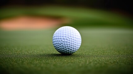 Fototapeta premium Captivating Golf Ball in Mid Air Above Green Grass Surface, Golf ball glides through the air concept.