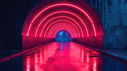 Neon tunnel archway, urban setting, reflections, night ambiance. Possible use stock photo for modern design, nightlife, or futuristic themes
