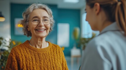 Obraz premium Doctor and elderly woman with a walking frame in a modern rehabilitation center, focusing on healthcare and support