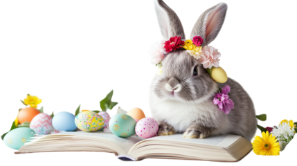 Adorable Easter Bunny with Floral Crown and Colorful Eggs