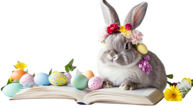 Adorable Easter Bunny with Floral Crown and Colorful Eggs