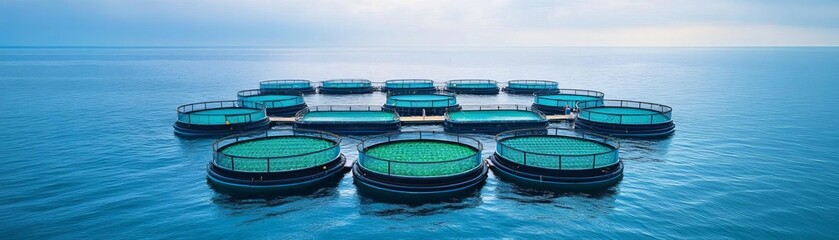 Floating AI-powered farms in the ocean producing sustainable seafood, future aquaculture