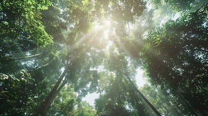 Sunlight streams through lush rainforest canopy, creating a breathtaking view from below.  Perfect for nature, travel, or environmental themes.