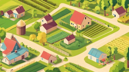 Colorful Farm Landscape with Houses and Fields