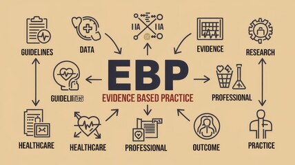 Evidence based practice illustrated with icons and related terminology
