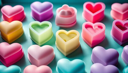 Obraz premium Colorful heart shaped silicone molds. Close up. 