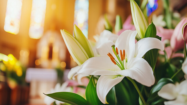 Elegant white lilies in church setting, symbolizing Easter joy