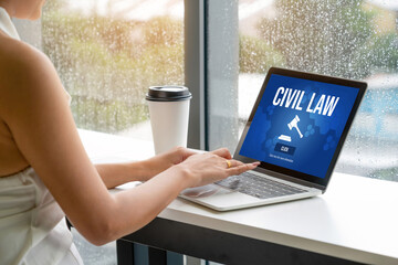 Civil law brisk information showing on computer screen for Common Justice Legal Regulation Rights...