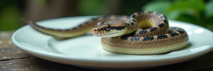 Obraz premium Water snake beside white plate, water, table