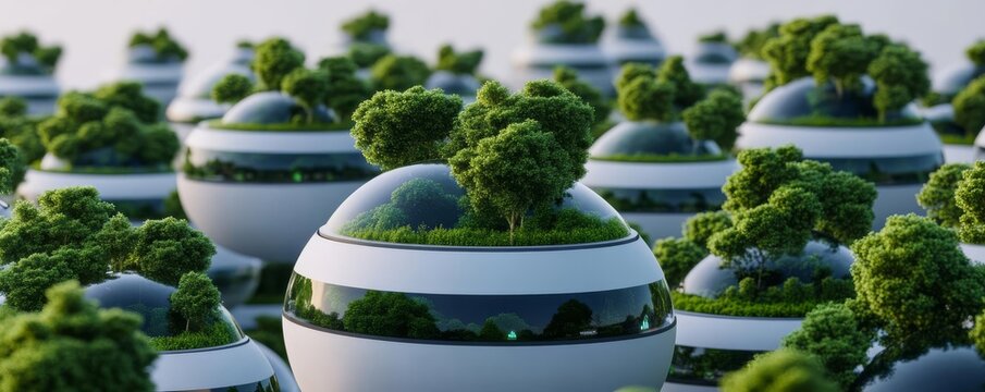 Futuristic AI-managed forests absorbing carbon and regenerating ecosystems