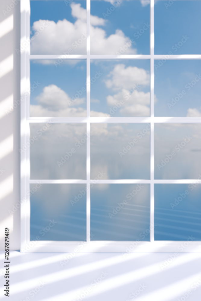 Poster a serene view through a window showcasing clouds and calm waters, perfect for a peaceful moment. 3d 