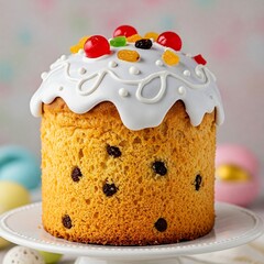Easter cake kulich cake with a golden-brown exterior. It is topped with white icing that drizzles down the sides, decorated with vibrant and colorful sprinkles.