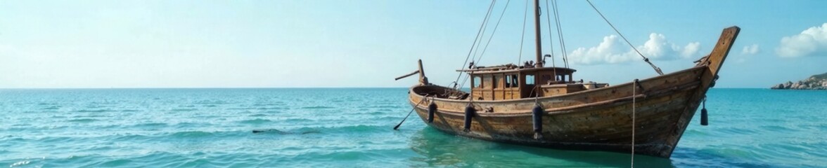 Fototapeta premium Weathered wooden sailing boat moored on a calm sea, sailing boat, ocean