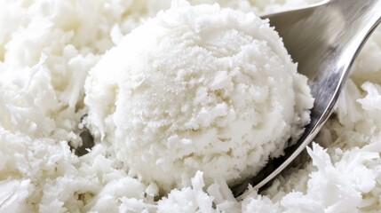 Fresh coconut ice cream scooped with coconut flakes