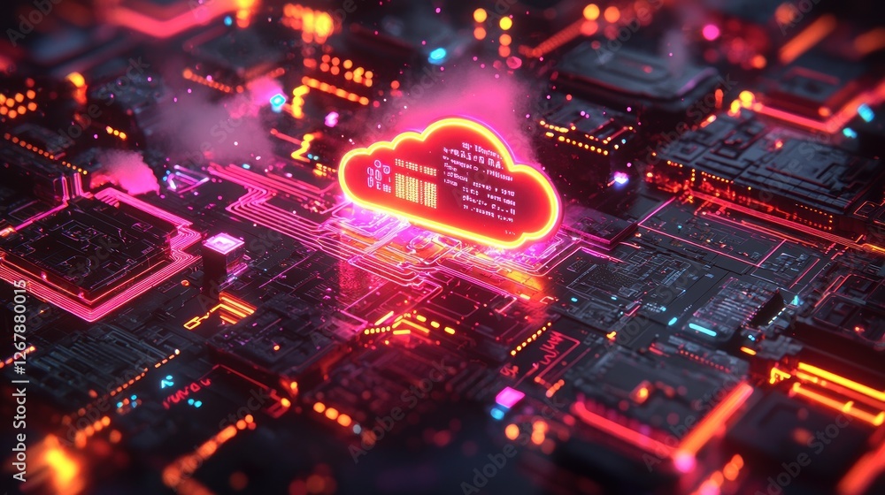 Poster neon cloud computing data center circuit board