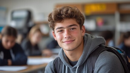 Fototapeta premium high school classroom with young students working together, male student in the foreground smiling at the camera, wearing a backpack, academic teamwork