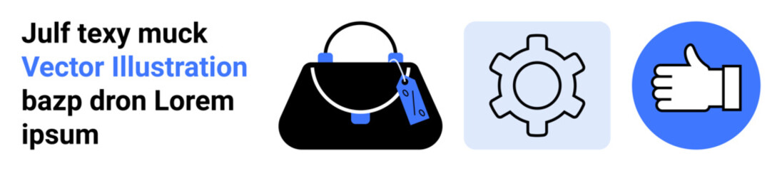 Black handbag with tags, stylized gray gear, and thumbs-up icon in vibrant blue. Ideal for fashion, mechanics, approval, e-commerce, branding, customer satisfaction and flat landing page banner