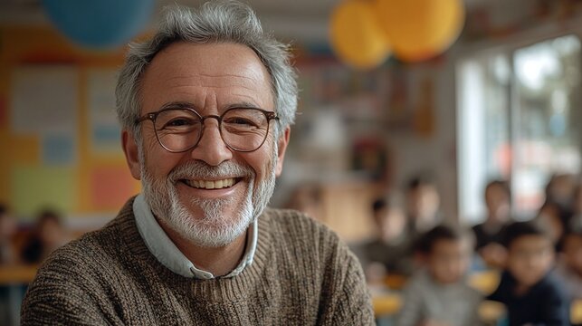 experienced senior male instructor standing in a bright school classroom, teaching children and smiling, passionate professor educating students