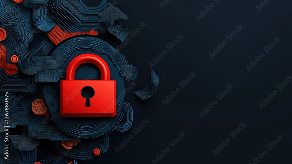 Poster red lock against dark background with abstract patterns in blue and orange