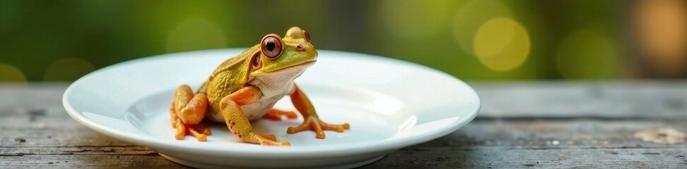 Fototapeta premium White plate with a frog on it, utensils, food, frogs