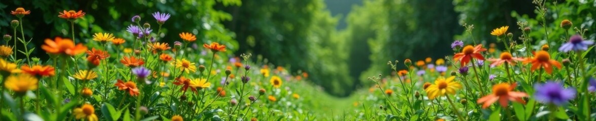 Wildflowers in a abandoned garden with overgrown weeds , foliage, grunge, greenery