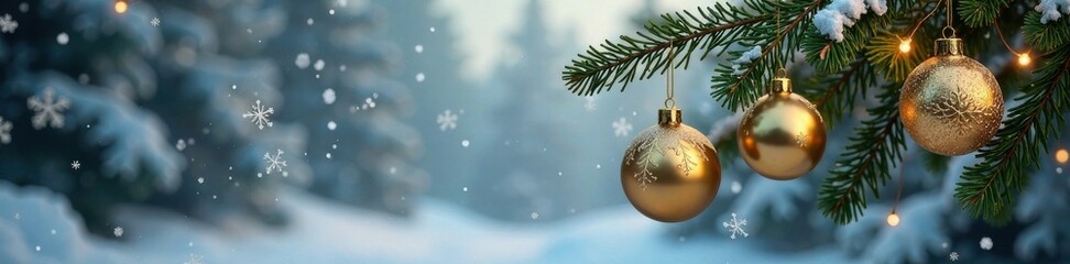 Winter snowflakes and holly branches adorned with gold ornaments suspended in mid-air , winter ornaments, isolated background, holly branches