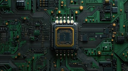 Fototapeta premium Detailed Close-Up of a Green and Gold Computer Circuit Board System