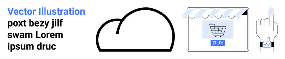 Cloud with stylized online shop interface, shopping cart, and clickable hand icon. Ideal for cloud computing, e-commerce, digital payments, web hosting, data storage, business growth visualization