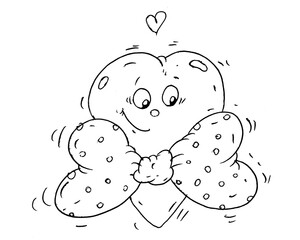 Vector black and white happy heart shaped icon with bow. Line present with sweets clipart. Cute gift illustration. Funny Saint Valentine day