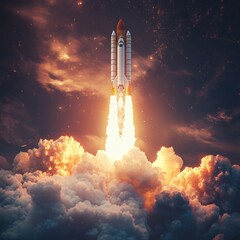Rocket launches into space, leaving behind trails of fire and smoke against a starry night sky. Generative AI