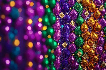 Mardi Gras Beads and Diamonds. Colorful beads and harlequin background