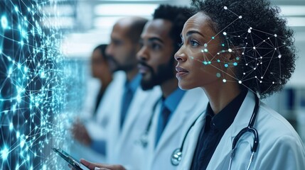 Medical professionals analyzing data with a digital interface.