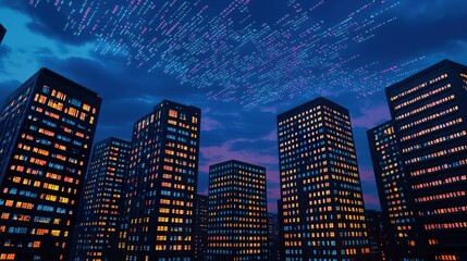 Imaginative Night Skyline of a City with Stunning Building Lights, Analysis drives business growth concept.