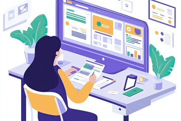 Fototapeta premium Woman analyzing data on devices and document at desk 