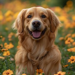 Obraz premium Dog golden smiling retriever flowers high resolution hd picture