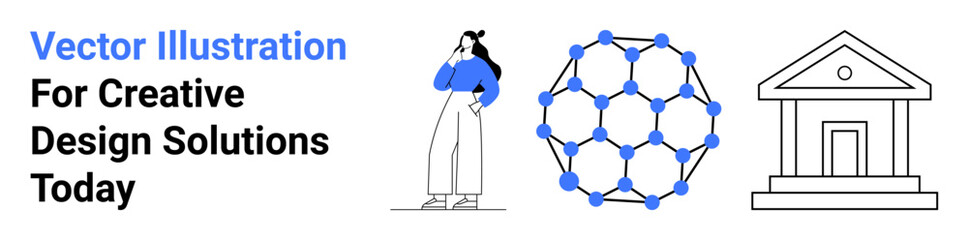 Woman thinking, connected molecule structure, and classical-style bank building. Ideal for science, innovation, creativity, education, technology finance marketing. Perfect flat landing page banner