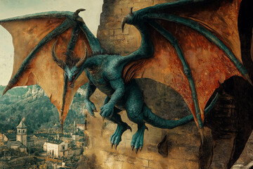 Majestic Azure Dragon Perched on Ancient Walls