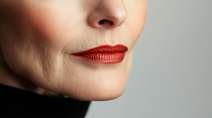 Naklejka premium Close-up of mature caucasian female with red lipstick and smooth skin. Cosmetic and Medical Injectables. Beauty injection, Anti-Wrinkle. Menopause Skin Care